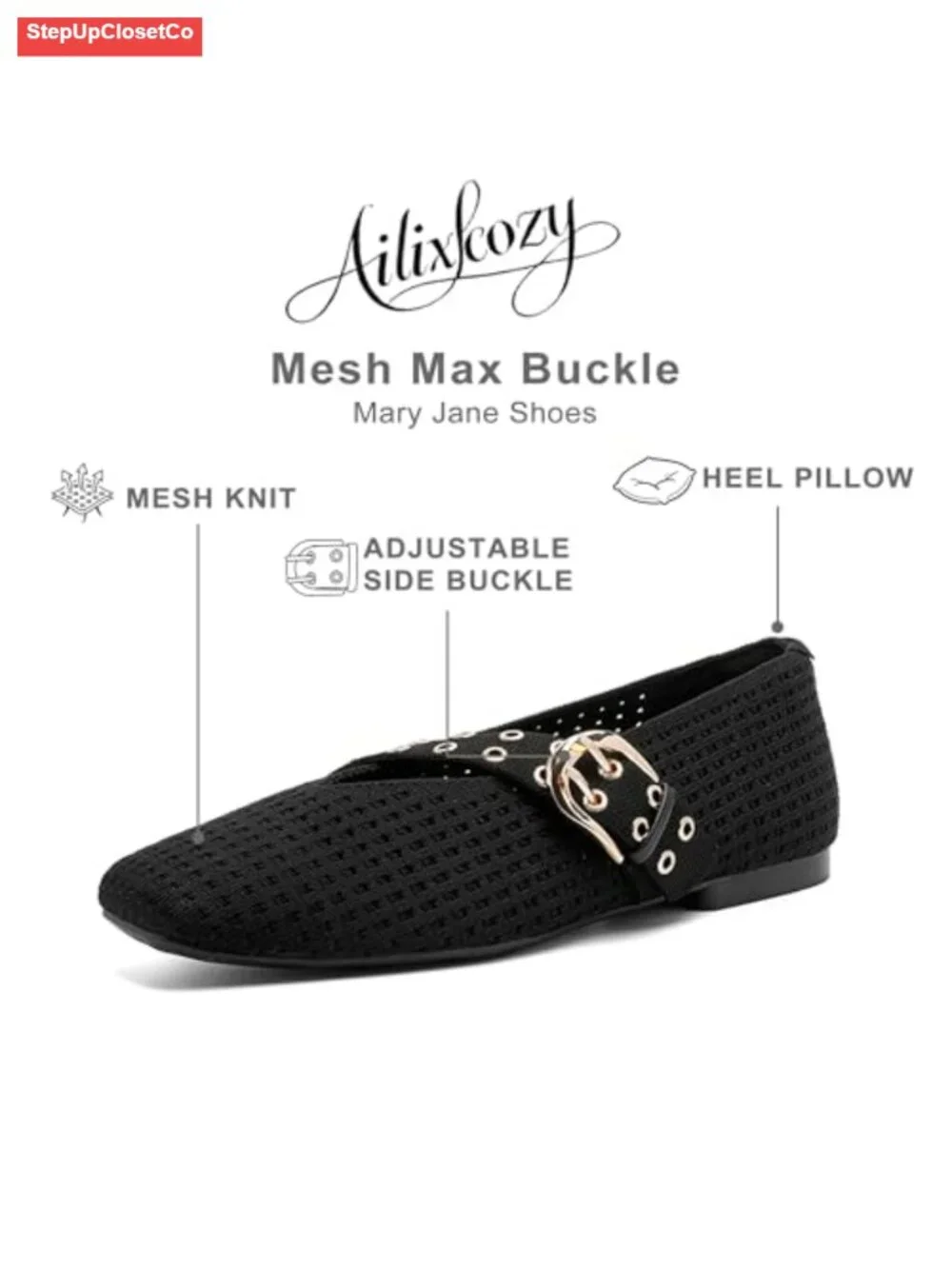 Women's Square Toe Mary Jane Flats with Max Buckle, Breathable Mesh, Arch